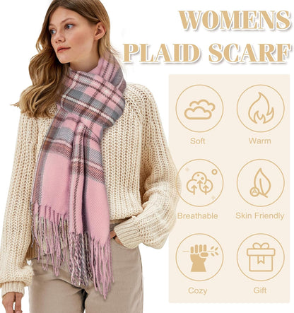 Women's Long Plaid Blanket Chunky Oversized Winter Fall Warm Scarf-Toppalletfly