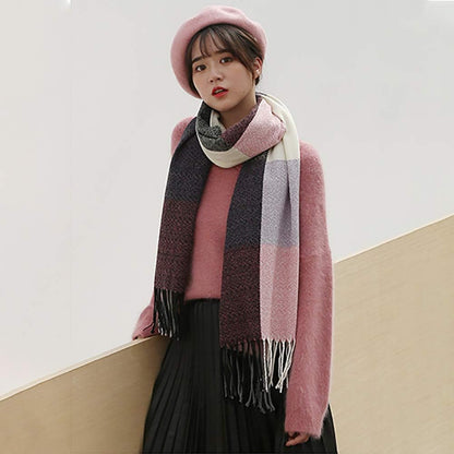 Women's Long Plaid Blanket Chunky Oversized Winter Fall Warm Scarf-Toppalletfly