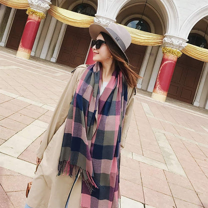 Women's Long Plaid Blanket Chunky Oversized Winter Fall Warm Scarf-Toppalletfly