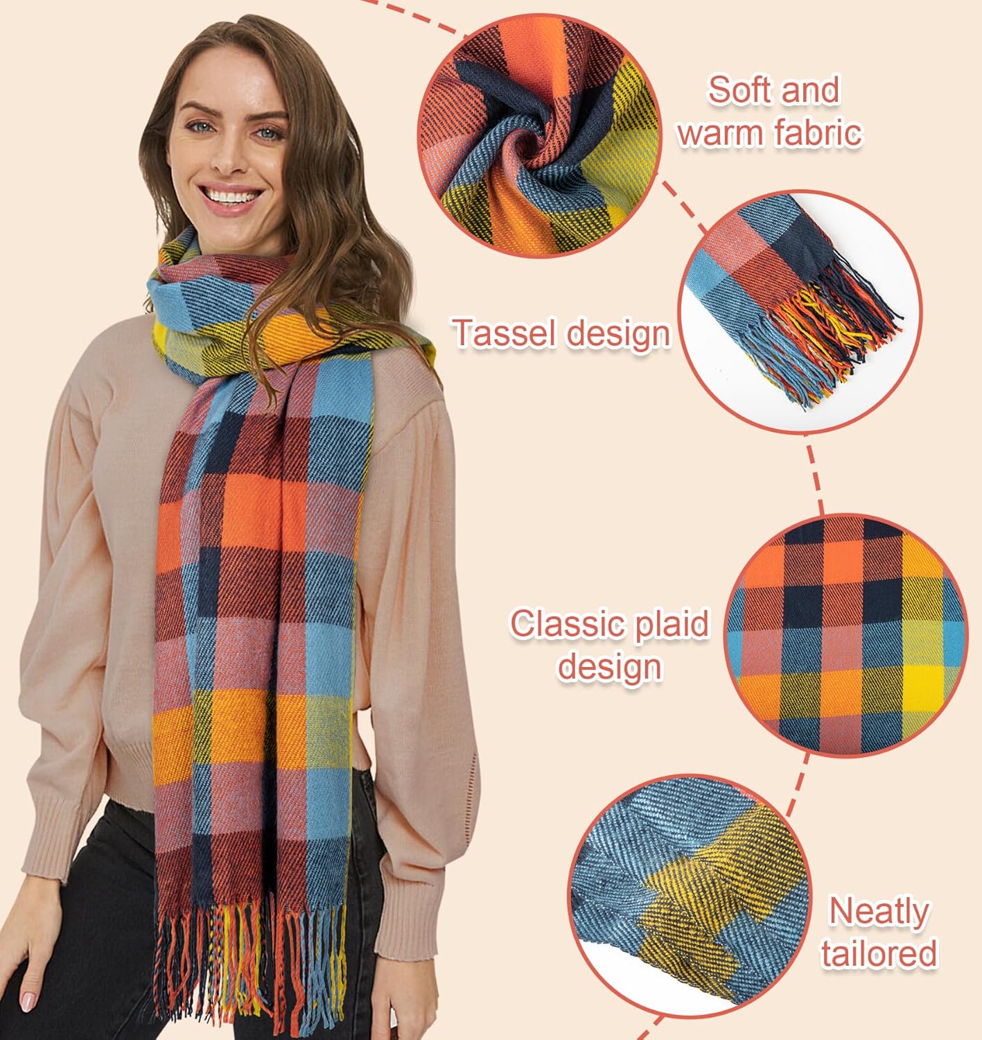 Women's Long Plaid Blanket Chunky Oversized Winter Fall Warm Scarf-Toppalletfly