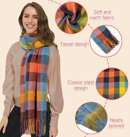 Women's Long Plaid Blanket Chunky Oversized Winter Fall Warm Scarf-Toppalletfly
