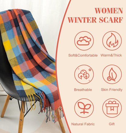 Women's Long Plaid Blanket Chunky Oversized Winter Fall Warm Scarf-Toppalletfly