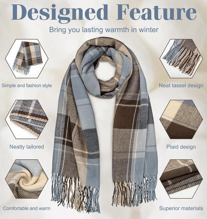 Women's Long Plaid Blanket Chunky Oversized Winter Fall Warm Scarf-Toppalletfly