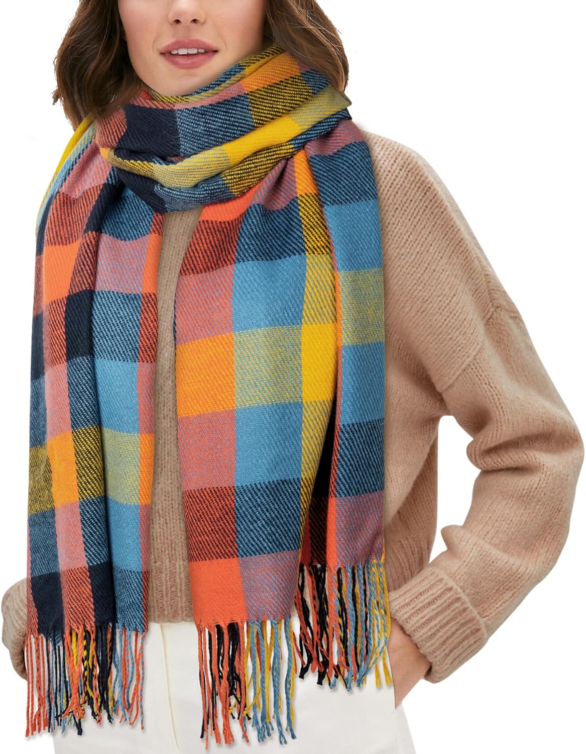 Women's Long Plaid Blanket Chunky Oversized Winter Fall Warm Scarf-Toppalletfly