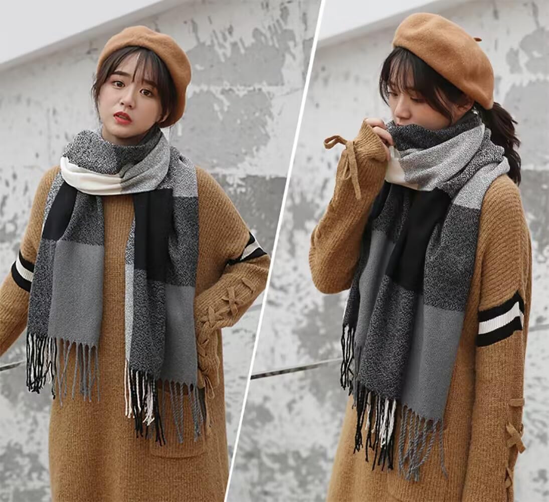 Women's Long Plaid Blanket Chunky Oversized Winter Fall Warm Scarf-Toppalletfly