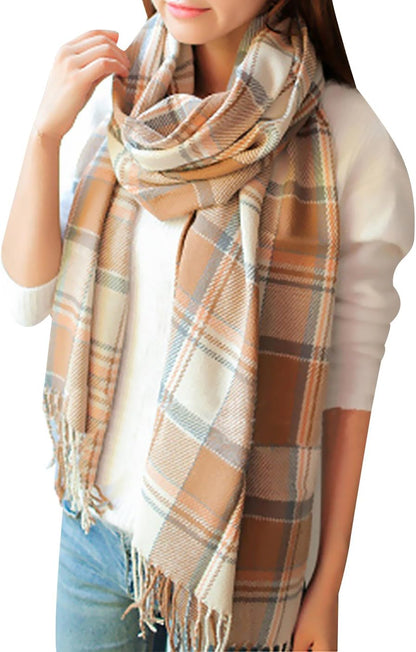 Women's Long Plaid Blanket Chunky Oversized Winter Fall Warm Scarf-Toppalletfly