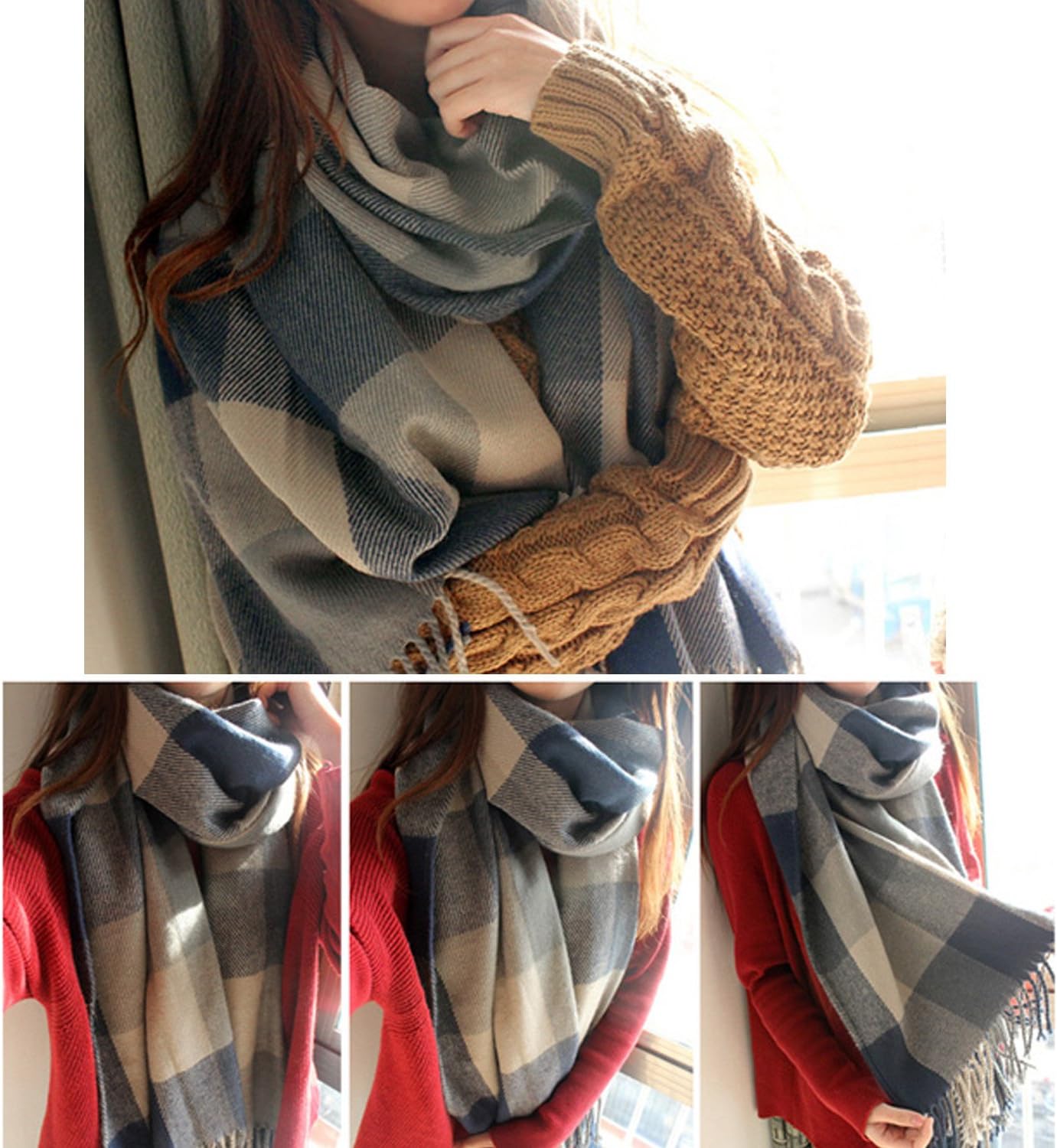Women's Long Plaid Blanket Chunky Oversized Winter Fall Warm Scarf-Toppalletfly