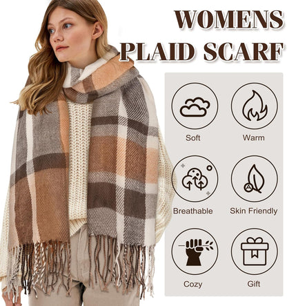 Women's Long Plaid Blanket Chunky Oversized Winter Fall Warm Scarf-Toppalletfly