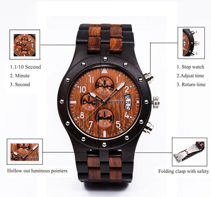 Wooden Watch Quartz Analog Movement Date Wristwatch for Men-Toppalletfly