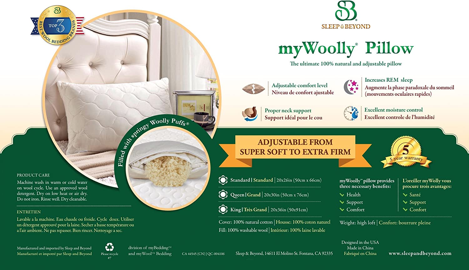 Wool Pillow, Ideal for Sleeping and Avoiding Neck Pain, Hypoallergenic, Natural Adjustable Washable-Toppalletfly